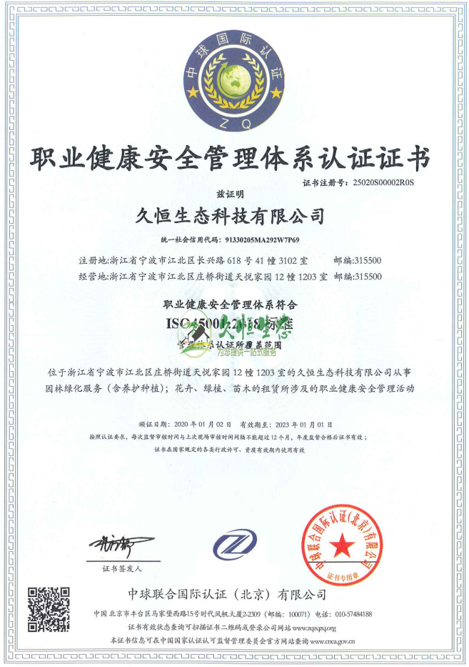 绍兴越城职业健康安全管理体系ISO45001证书